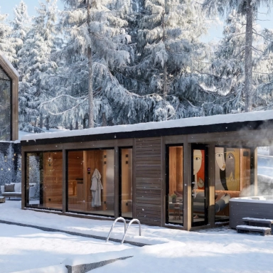 Kültéri finn szaunaház téli erdei környezetben