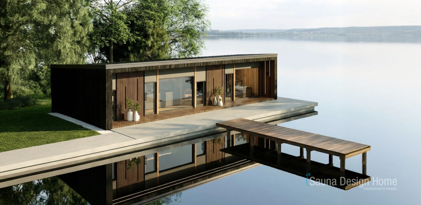 Négyévszakos wellness pihenőház téli környezetben