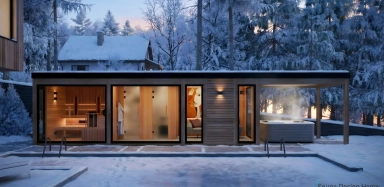 Kültéri finn szaunaház téli erdei környezetben