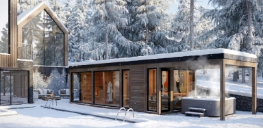 Kültéri finn szaunaház téli erdei környezetben